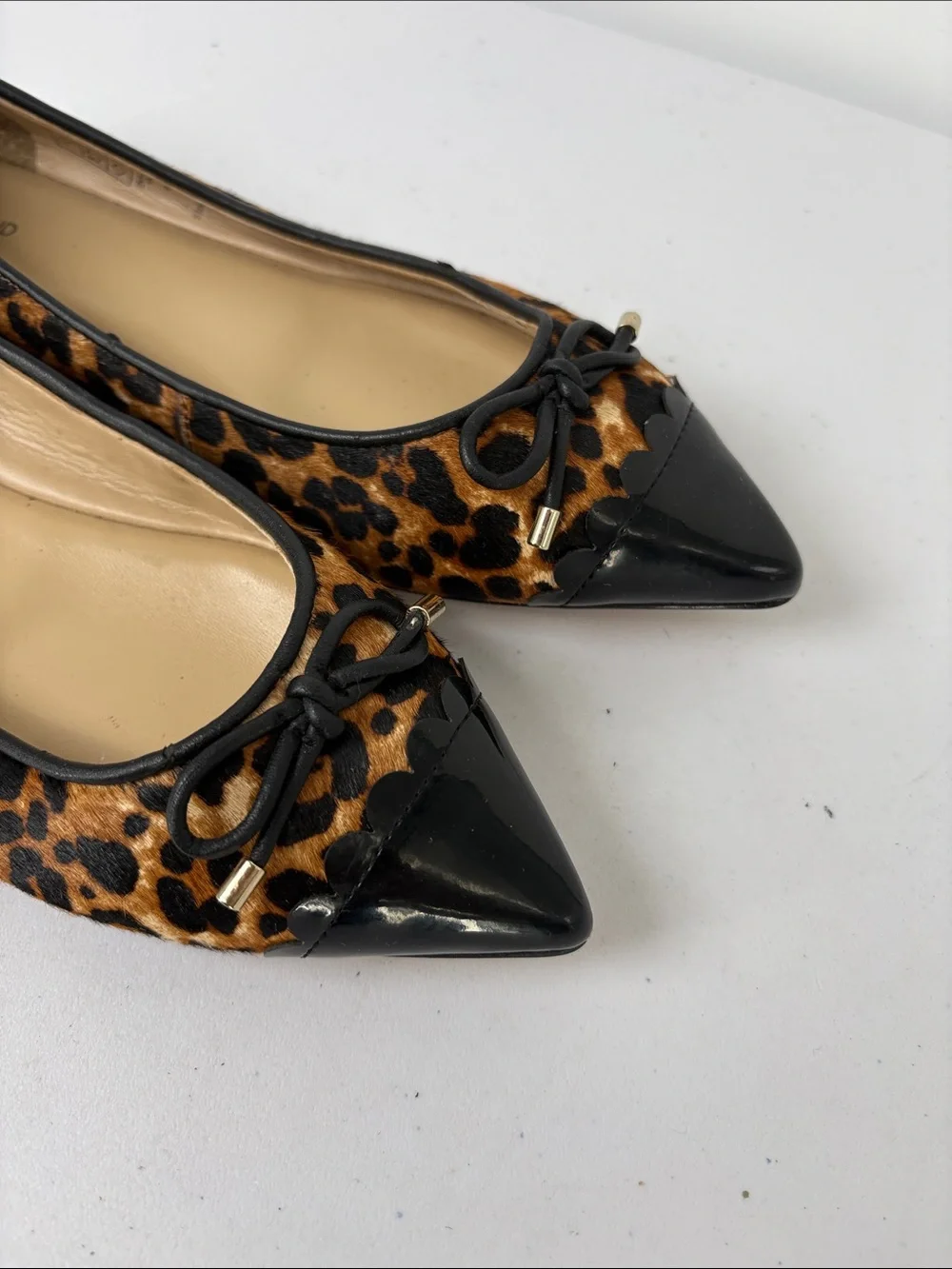 👞 Lands' End fur leather Leopard Print Pointed Toe Flats with Black Patent Cap